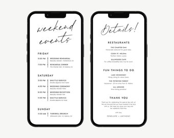 Modern Digital Wedding Weekend Events Templates, Minimalist Electronic Weekend Itinerary Templates, Smartphone Weekend Itinerary | LEVI