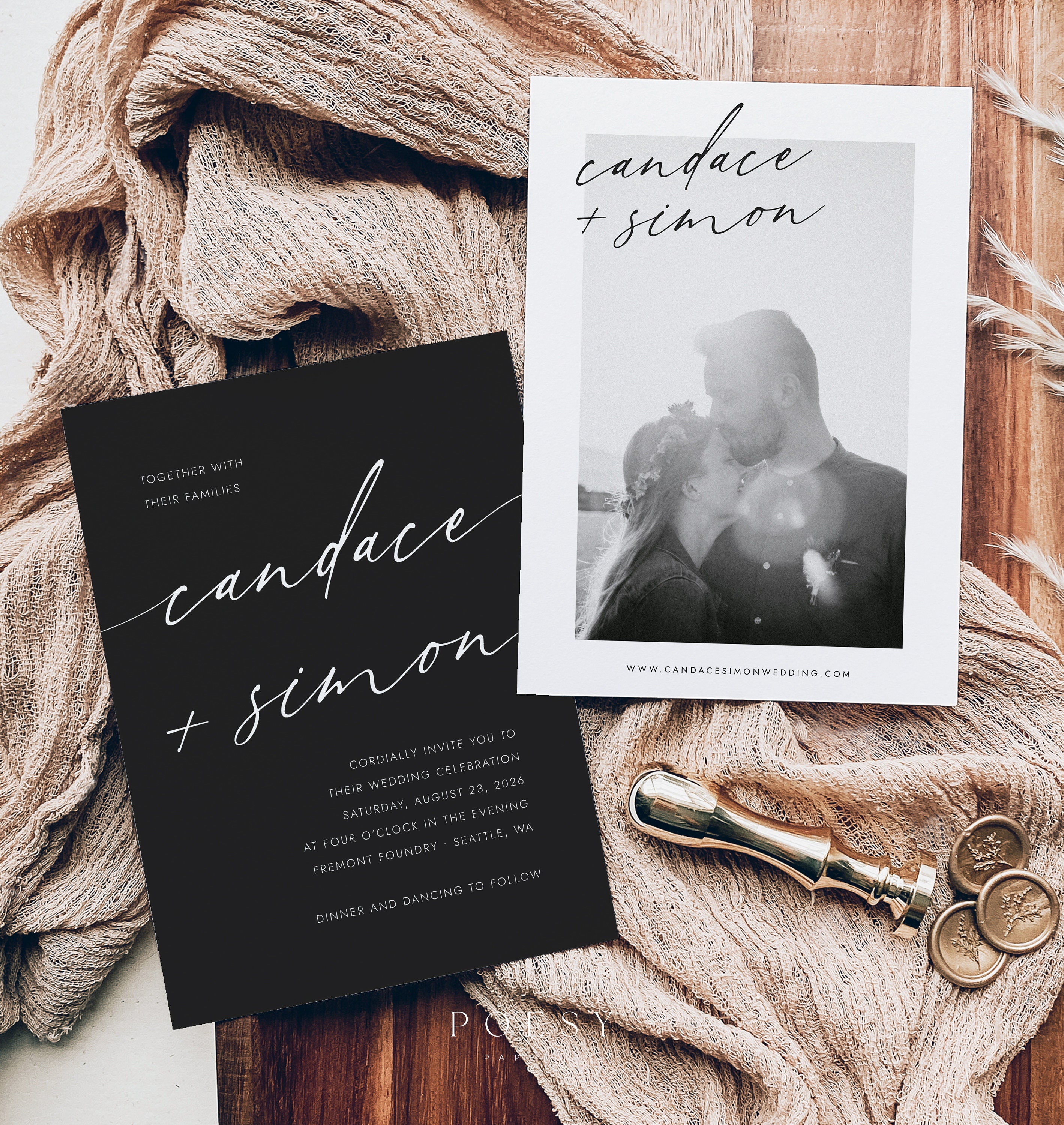 Minimalist Wedding Invitation Template Set, Black & White Wedding