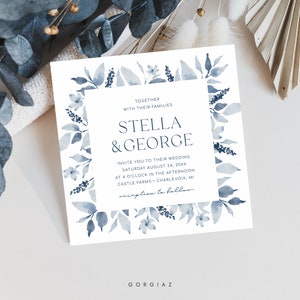 Dusty Blue Wedding Invitation Template, Rustic Floral Wedding Invitation Template, Printable Floral Square Wedding Invite Template | GINA