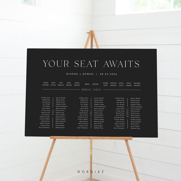 Minimalist Banquet Seating Chart Template, Modern Black Long Table Seating Chart Sign, Printable Banquet Wedding Seating Chart | AIDEN