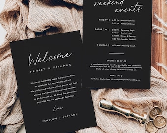 Minimalist Welcome Letter & Itinerary Card Template, Modern Minimal Wedding Weekend Events Card, Editable Black Wedding Itinerary | LEVI