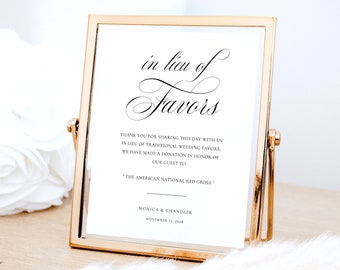 Elegant In Lieu of Favors Sign Templates, Classic Wedding Charity Donation Sign, Printable Calligraphy Wedding Donation Sign Template | MYRA