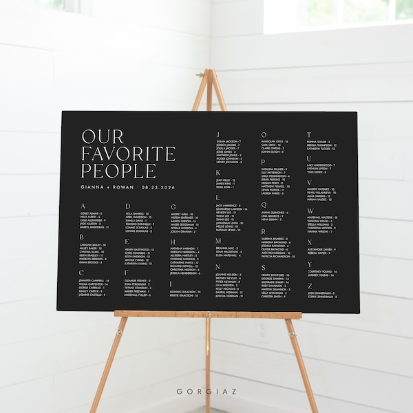 Alphabetical Wedding Seating Chart Sign Template, Minimalist Black Seating Chart Alphabet, Our Favorite People Seating Chart Poster | AIDEN