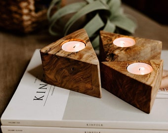 Olive Wood Tealight Holder,Candle holder,Rustic Wooden Tea Light Wedges for Tables, Bathrooms and Bedrooms (Wedge w/Bark, tealight included)