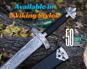 Damascus Sword, Viking Sword, Hand Forged Sword, Long Sword, Sword, Half-Tang Fantasy Sword, Larp Sword, Groomsmen Gift, Birthday Gift.