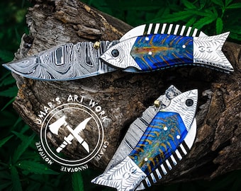 Handmade Damascus Steel Pocket Knife, Fishing Folding Knife, Camping Knife, Fathers Day Gift, Groomsmen Gift for Men, Personalized Gift