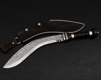 Hand Forged Damascus Kukri Knife: Rosewood Handle, 18" Hunting Blade