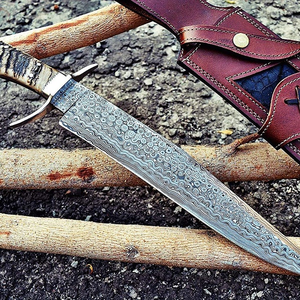 Exotic Stag Handle knife, Custom handmade 14" Damascus Steel knife, Hand forge Bowie knife Fixed Blade Stag Horn Handle with Leather sheath