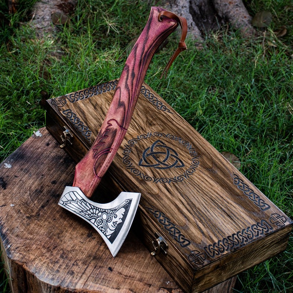 Engraved custom axe with wooden box,Viking Axe,Carving Axe,Hunting camping tool,best gift,Hand forged Viking axe with leather case Xmas gift