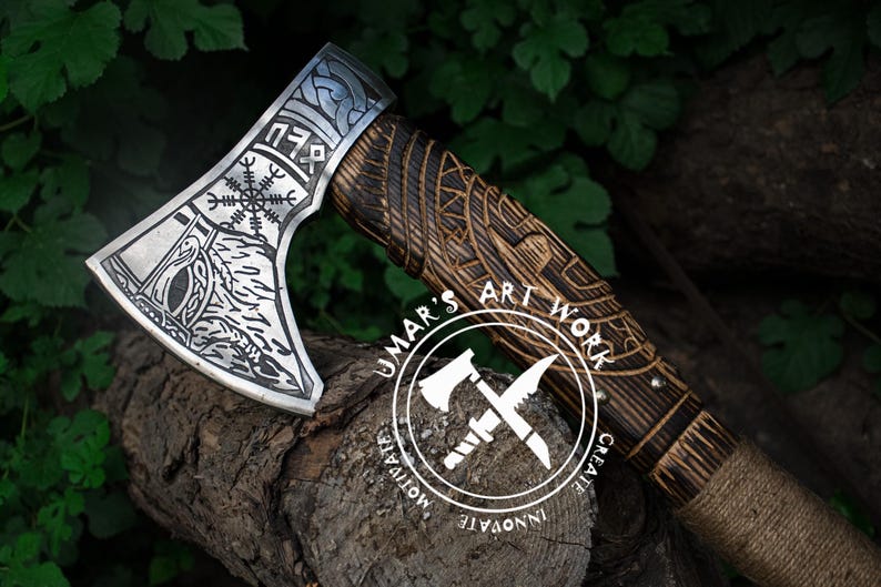 Nordic Viking axe with hand forged carbon steel blade and engraved wood handle  unique gift for special occasions like birthdays or anniversaries