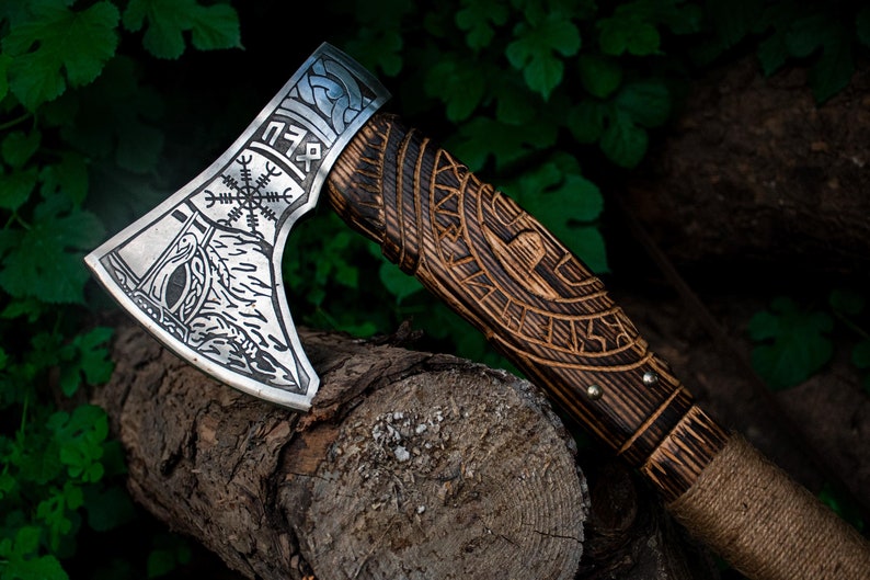 Custom Axe Gift, Hand Forged Carbon Steel Viking Axe with Ash Wood Shaft, Wedding Gift Axe, Unique Birthday & Anniversary Gift for Him, Larp Axe