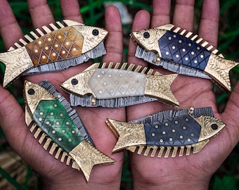 Handmade Fish Pocket Knife Damascus Folding Knife Bone Handle Special Gift for Any Occasion Personalized Gift USA Anniversary Gift for him