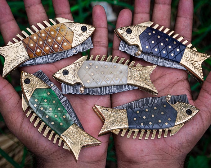 Handmade Fish Pocket Knife Damascus Folding Knife Bone Handle Special Gift for Any Occasion Personalized Gift USA Anniversary Gift for him