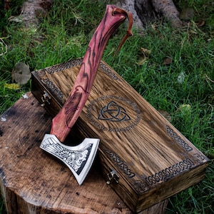 Handmade axe for camping, hunting, and bushcraft with personalized wooden box gift for engagement wedding, anniversary or groomsmen proposal