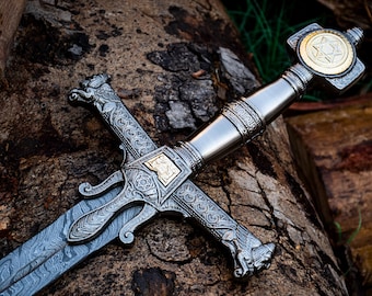 Handgesmeed damascus staal King Solomon Crusader-zwaard Davidster middeleeuws zwaard, verzamelbaar zwaard cadeau voor hem vriendje kerstcadeau