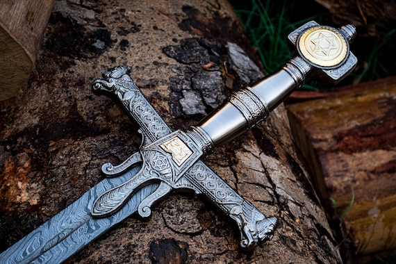 手鍛造ダマスカス鋼キングソロモン十字軍剣ダビデの星中世剣