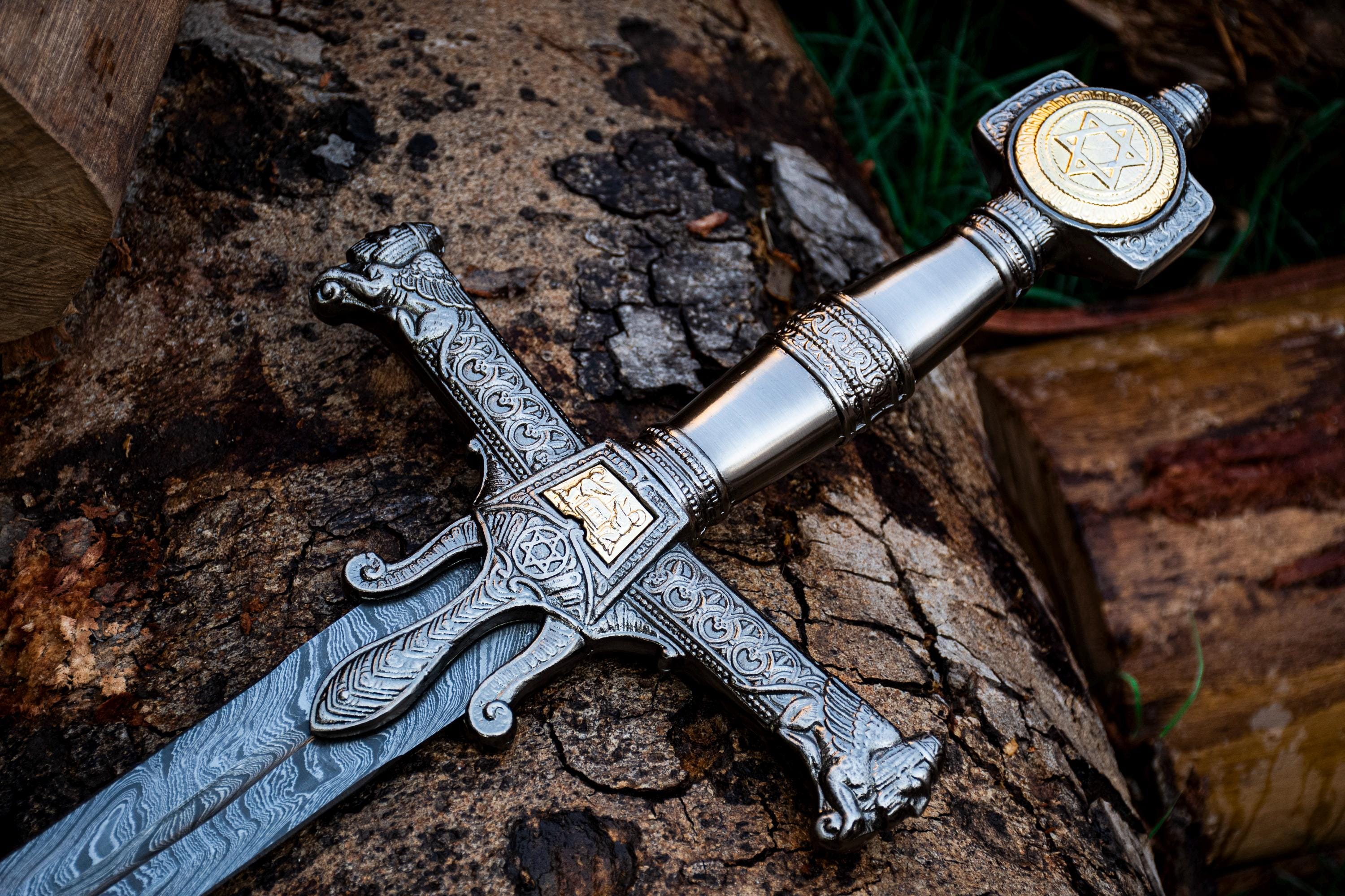 手鍛造ダマスカス鋼キングソロモン十字軍剣ダビデの星中世剣