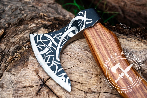 Hand Forged Carbon Steel Viking Axe: Rosewood Handle, Leather