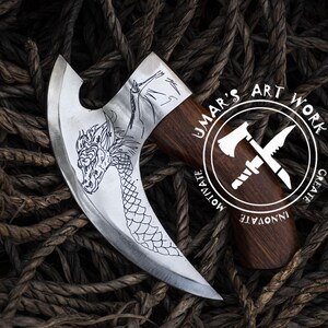 Hand Forged Viking Pizza Axe , Personalized Viking Pizza Cutter Rosewood Handle, Leather Sheath Gift for Dad, Viking Axe Christmas Gift image 10