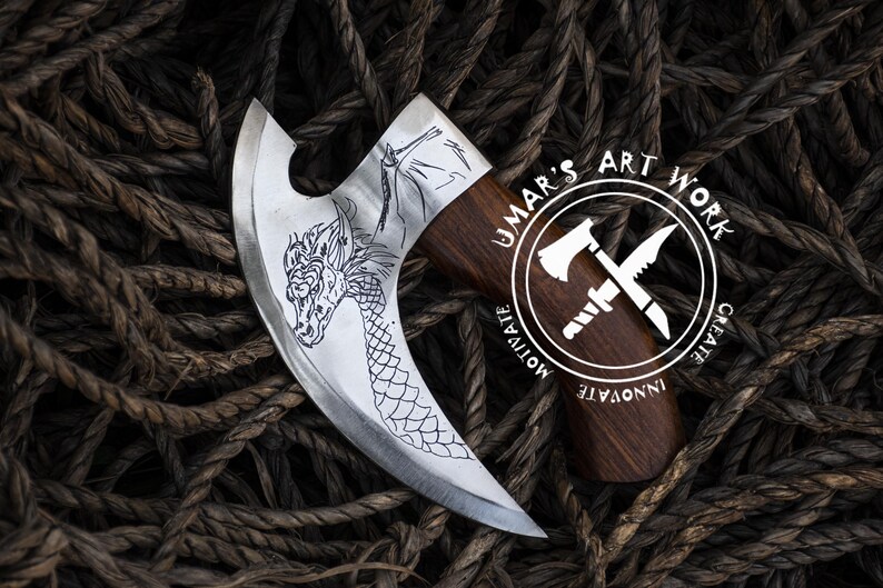 Hand Forged Viking Pizza Axe , Personalized Viking Pizza Cutter Rosewood Handle, Leather Sheath Gift for Dad, Viking Axe Christmas Gift image 10
