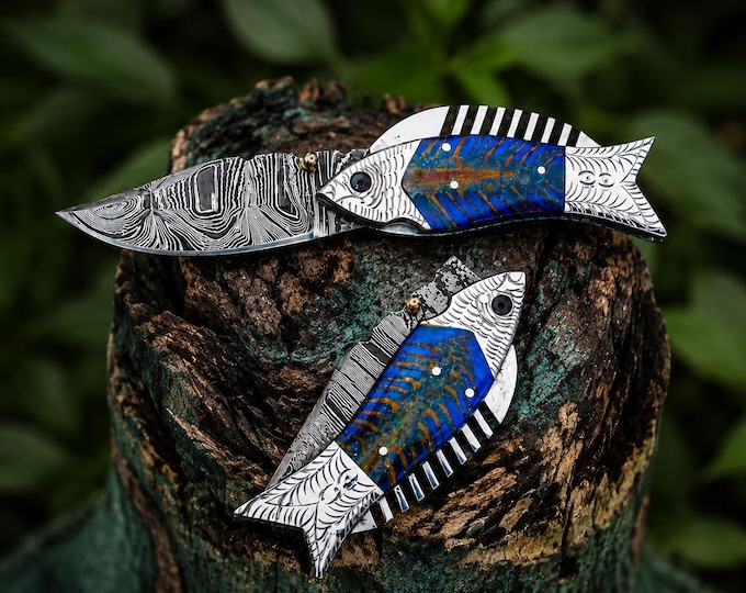 Handmade Damascus Steel Pocket Knife, Fishing Folding Knife, Copper Damascus Knife Gift for Dad, Groomsmen Gift for Him, Personalized Gift