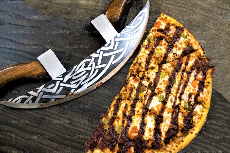 Hand Forged Viking Pizza Axe , Personalized Viking Pizza Cutter Rosewood Handle, Leather Sheath Gift for Dad, Viking Axe Christmas Gift Two Handed Pizza Axe