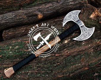 Custom Handmade Carbon Steel axe Medieval Warrior axe Large Decorative Double Headed axe War Battle. ASH Wood handle with leather sheath.