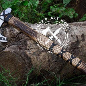 Custom hand forged Viking axe Nordic carbon steel design with engraved wood handle perfect for groomsmen gifts or collectible displays