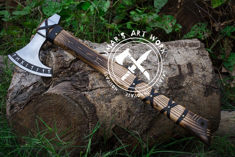 Custom hand forged Viking axe Nordic carbon steel design with engraved wood handle perfect for groomsmen gifts or collectible displays