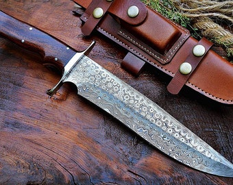 Cuchillo de acero de Damasco de 14", forjado a mano, cuchillo Bowie de hoja fija, cuchillo de caza, mango de madera de rosa exótica, regalo personalizado, cuchillo Karambit.