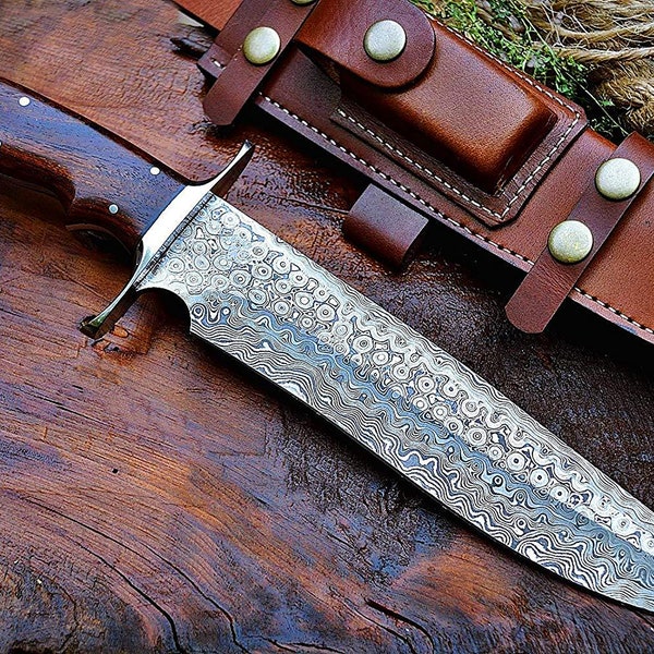 14" DAMASCUS Steel Knife, Hand Forged Bowie Knife,Fixed Blade knife Hunting Knife, Exotic Rose Wood Handle, Personalized gift,karambit knife