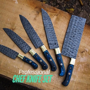 Hand Forged Damascus Chef Set Damascus Knife Set Kitchen Knives 5 Pcs Chef Knife ANNIVERSARY Gift  CHRISTMAS Gift  THANKSGIVING Gift for Her