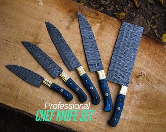 Hand Forged Damascus Chef Knife Set: 5-Piece Kitchen Knives