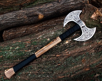 Handmade Double Head Viking Axe, Fathers Day Gift, Hand Forged Axe Viking Gift, Groomsmen Gift, Leather Wrap Handle Anniversary Gift for Him