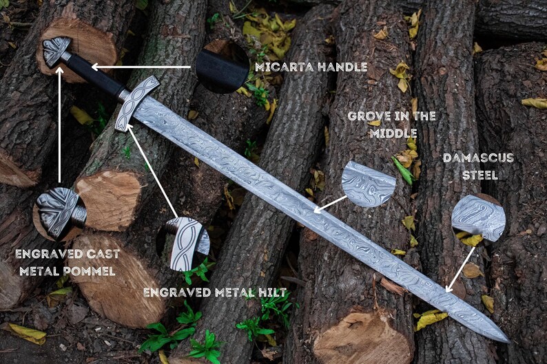 Damascus Steel Viking Sword for Him Medieval Themed Groomsmen Gift Birthday or Anniversary Gift for Husband Unique Christmas Sword for Wall Display