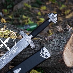 Viking Sword Damascus Steel, Ideal Medieval Sword Gift for Husband Groomsmen Gift Christmas Present Birthday Gift for Him Wall Decor Accent