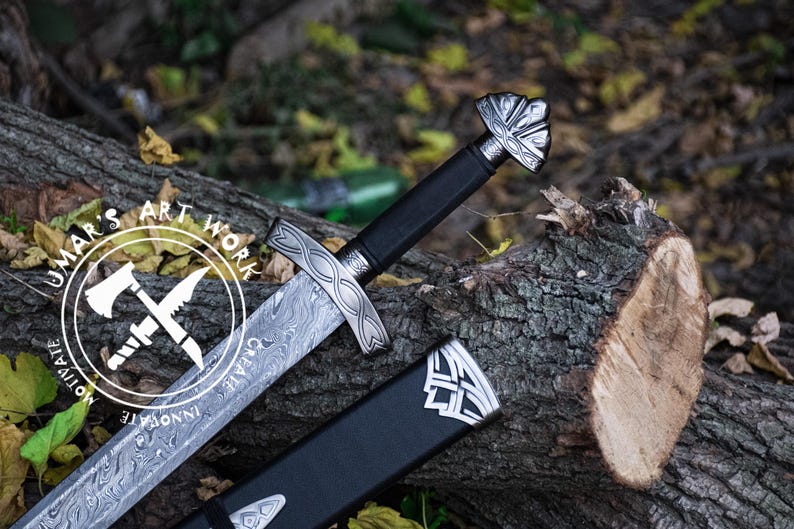 Viking Sword Damascus Steel, Ideal Medieval Sword Gift for Husband Groomsmen Gift Christmas Present Birthday Gift for Him Wall Decor Accent