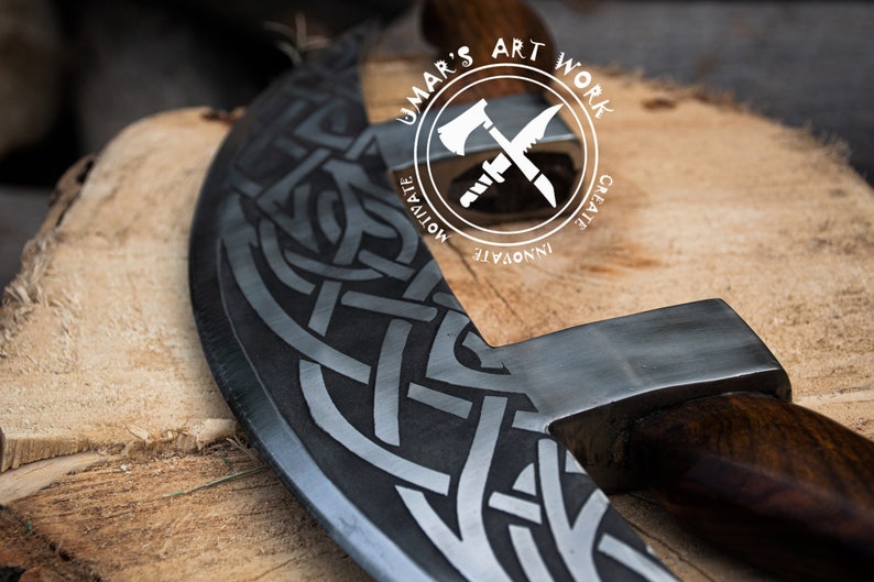 Hand Forged Viking Pizza Axe , Personalized Viking Pizza Cutter Rosewood Handle, Leather Sheath Gift for Dad, Viking Axe Christmas Gift image 7