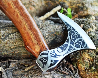 Hand Forged Carbon Steel Viking Axe: Rosewood Handle, Leather Sheath
