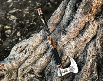 Custom Gift Forged Carbon Steel Viking Axe with Rose Wood Shaft, Viking Bearded Camping Axe, Best Birthday&Anniversary Gift For Him