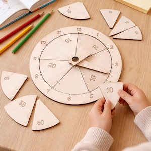 Könnte beinhalten: Holz-Uhr-Puzzle mit nummerierten Segmenten und Zeigern, für Bildungszwecke konzipiert. Enthält ein Zifferblatt mit Zahlen und Zeigern sowie separate Holzstücke mit Zahlen. Bleistifte und ein Buch sind ebenfalls sichtbar.