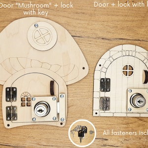 May include: Two wooden doors with working locks and keys. The door on the left is shaped like a mushroom and has a small window. The door on the right is a traditional arched door with a small window. The text "Door "Mushroom" + lock with key" is above the left door. The text "Door + lock with key" is above the right door. The text "All fasteners include" is below the right door.