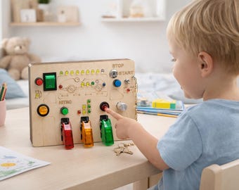 Montessori Busy Board with Lights for Toddlers 1-3 –LED Sensory Board – Toddler Activity Board – Fine Motor Skills Toy – Wooden Learning Toy