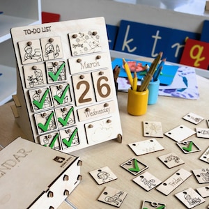 Montessori Kalender und Aufgabenplaner für Kinder, Kalender für Vorschulkinder und Kleinkinder, Lernspielzeug aus Holz für Kinder, Geschenke für Kinder