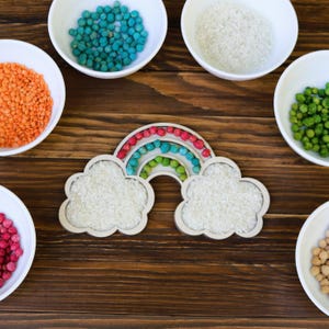 Wooden sensory tray Cloud with a rainbow, educational sensory tray for homeschool lessons with loose parts