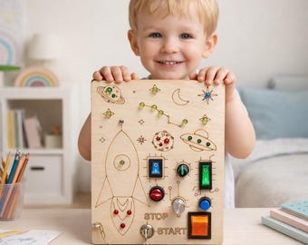 Toddler Busy Board with Lights, Montessori Sensory Board, Wooden Activity Board with Switches, Fine Motor Skills Toy, LED Busy Board