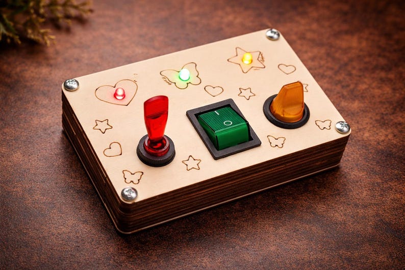 DIY Busy Board Parts – Montessori Activity Board Components – Wooden Sensory Toy Gift for Baby and Toddler Lights "Shapes"