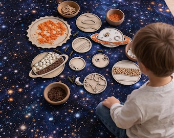 Wooden Sensory Trays Solar system, Educational Sensory Tray for homeschool lessons, Educational material for loose parts, montessori toys