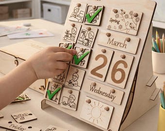 Montessori calendar and chore chart for kids - Wooden calendar for Preschool and Toddler routine chart, Wooden learning toys, Gifts for kids