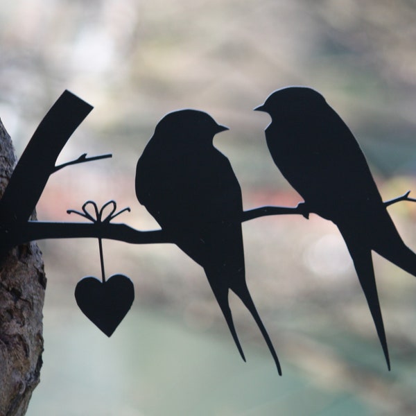 Love birds silhouette, garden ornament, hammer in tree or fence post, Metal garden art, Wedding love birds, Metal love birds on branch